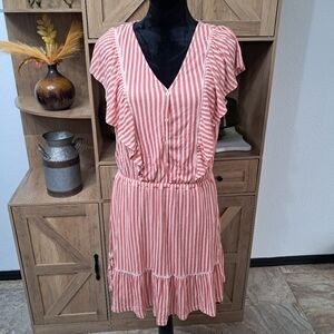 LC Lauren Conrad Dress Ruffle Sleeve Short Sleeve Pink Striped V-Neck Praire